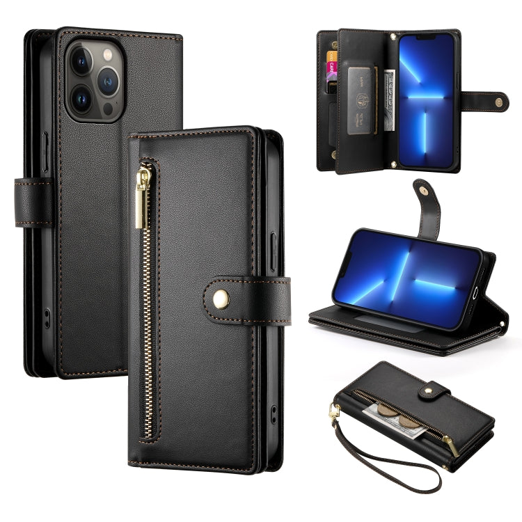 حقيبة محفظة بسحاب مع تسع فتحات بطاقات من الجلد لهاتف، لهواتف iPhone 14 Pro Max، iPhone 13 Pro Max، iPhone 13 Pro، iPhone 13، iPhone 13 mini، iPhone 12 / 12 Pro، iPhone 12 Pro Max، iPhone 12 mini