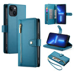حقيبة محفظة بسحاب مع تسع فتحات بطاقات من الجلد لهاتف، لهواتف iPhone 14 Pro Max، iPhone 13 Pro Max، iPhone 13 Pro، iPhone 13، iPhone 13 mini، iPhone 12 / 12 Pro، iPhone 12 Pro Max، iPhone 12 mini