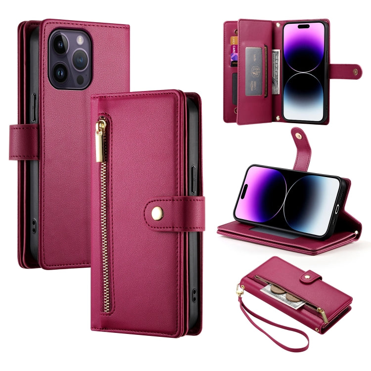حقيبة محفظة بسحاب مع تسع فتحات بطاقات من الجلد لهاتف، لهواتف iPhone 14 Pro Max، iPhone 13 Pro Max، iPhone 13 Pro، iPhone 13، iPhone 13 mini، iPhone 12 / 12 Pro، iPhone 12 Pro Max، iPhone 12 mini