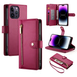 حقيبة محفظة بسحاب مع تسع فتحات بطاقات من الجلد لهاتف، لهواتف iPhone 14 Pro Max، iPhone 13 Pro Max، iPhone 13 Pro، iPhone 13، iPhone 13 mini، iPhone 12 / 12 Pro، iPhone 12 Pro Max، iPhone 12 mini