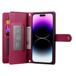 حقيبة محفظة بسحاب مع تسع فتحات بطاقات من الجلد لهاتف، لهواتف iPhone 14 Pro Max، iPhone 13 Pro Max، iPhone 13 Pro، iPhone 13، iPhone 13 mini، iPhone 12 / 12 Pro، iPhone 12 Pro Max، iPhone 12 mini