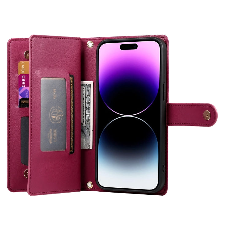 حقيبة محفظة بسحاب مع تسع فتحات بطاقات من الجلد لهاتف، لهواتف iPhone 14 Pro Max، iPhone 13 Pro Max، iPhone 13 Pro، iPhone 13، iPhone 13 mini، iPhone 12 / 12 Pro، iPhone 12 Pro Max، iPhone 12 mini