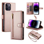 حقيبة محفظة بسحاب مع تسع فتحات بطاقات من الجلد لهاتف، لهواتف iPhone 14 Pro Max، iPhone 13 Pro Max، iPhone 13 Pro، iPhone 13، iPhone 13 mini، iPhone 12 / 12 Pro، iPhone 12 Pro Max، iPhone 12 mini
