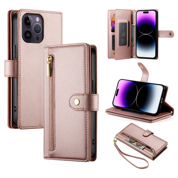 حقيبة محفظة بسحاب مع تسع فتحات بطاقات من الجلد لهاتف، لهواتف iPhone 14 Pro Max، iPhone 13 Pro Max، iPhone 13 Pro، iPhone 13، iPhone 13 mini، iPhone 12 / 12 Pro، iPhone 12 Pro Max، iPhone 12 mini