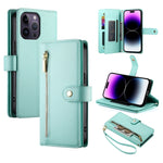 حقيبة محفظة بسحاب مع تسع فتحات بطاقات من الجلد لهاتف، لهواتف iPhone 14 Pro Max، iPhone 13 Pro Max، iPhone 13 Pro، iPhone 13، iPhone 13 mini، iPhone 12 / 12 Pro، iPhone 12 Pro Max، iPhone 12 mini