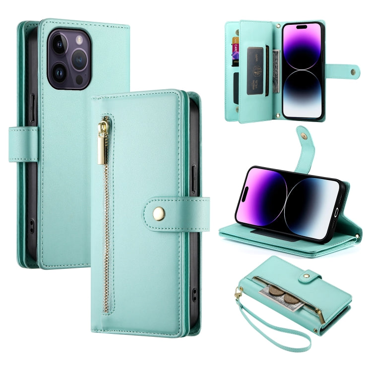 حقيبة محفظة بسحاب مع تسع فتحات بطاقات من الجلد لهاتف، لهواتف iPhone 14 Pro Max، iPhone 13 Pro Max، iPhone 13 Pro، iPhone 13، iPhone 13 mini، iPhone 12 / 12 Pro، iPhone 12 Pro Max، iPhone 12 mini