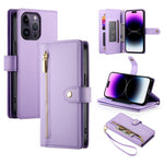 حقيبة محفظة بسحاب مع تسع فتحات بطاقات من الجلد لهاتف، لهواتف iPhone 14 Pro Max، iPhone 13 Pro Max، iPhone 13 Pro، iPhone 13، iPhone 13 mini، iPhone 12 / 12 Pro، iPhone 12 Pro Max، iPhone 12 mini
