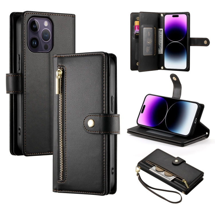 حقيبة محفظة بسحاب مع تسع فتحات بطاقات من الجلد لهاتف، لهواتف iPhone 14 Pro Max، iPhone 13 Pro Max، iPhone 13 Pro، iPhone 13، iPhone 13 mini، iPhone 12 / 12 Pro، iPhone 12 Pro Max، iPhone 12 mini