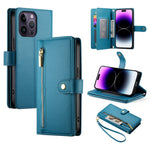 حقيبة محفظة بسحاب مع تسع فتحات بطاقات من الجلد لهاتف، لهواتف iPhone 14 Pro Max، iPhone 13 Pro Max، iPhone 13 Pro، iPhone 13، iPhone 13 mini، iPhone 12 / 12 Pro، iPhone 12 Pro Max، iPhone 12 mini