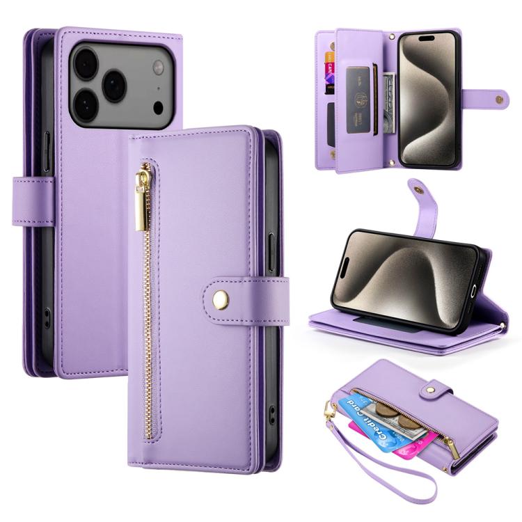 حقيبة محفظة بسحاب مع تسع فتحات بطاقات من الجلد لهاتف، لهواتف iPhone 17 Pro Max، iPhone 17 Pro، iPhone 17، iPhone Air، iPhone 16e، iPhone 16 Pro Max، iPhone 16 Pro، iPhone 16 Plus