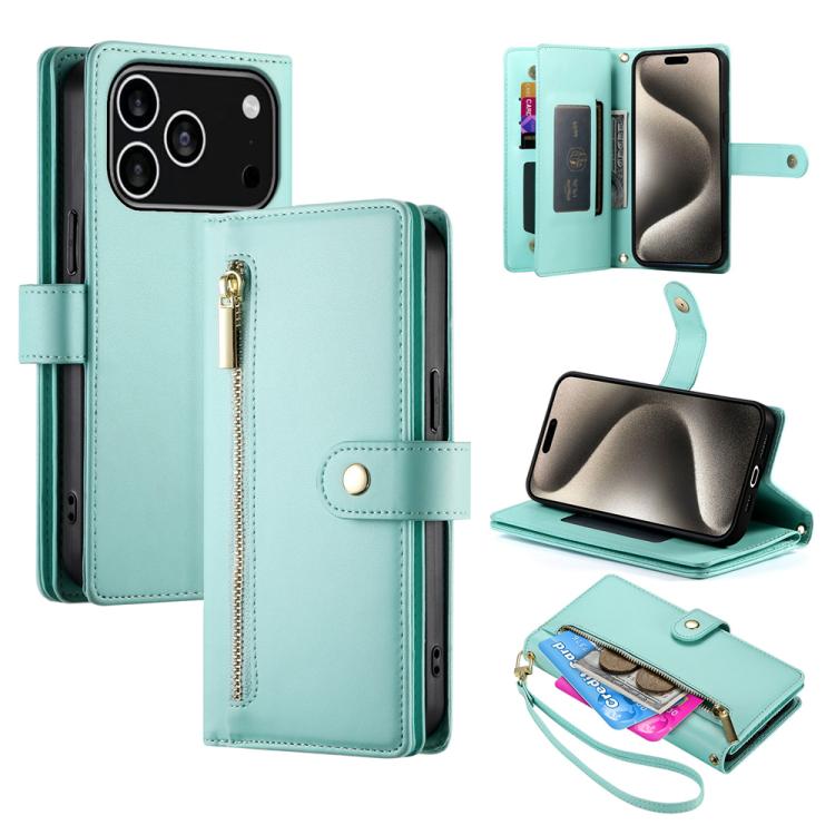 حقيبة محفظة بسحاب مع تسع فتحات بطاقات من الجلد لهاتف، لهواتف iPhone 17 Pro Max، iPhone 17 Pro، iPhone 17، iPhone Air، iPhone 16e، iPhone 16 Pro Max، iPhone 16 Pro، iPhone 16 Plus