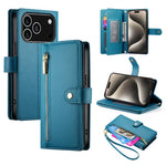 حقيبة محفظة بسحاب مع تسع فتحات بطاقات من الجلد لهاتف، لهواتف iPhone 17 Pro Max، iPhone 17 Pro، iPhone 17، iPhone Air، iPhone 16e، iPhone 16 Pro Max، iPhone 16 Pro، iPhone 16 Plus
