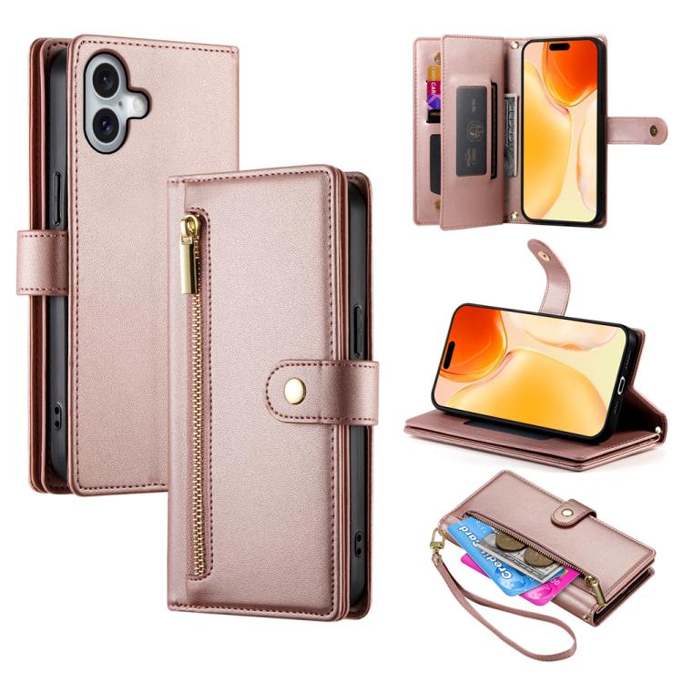 حقيبة محفظة بسحاب مع تسع فتحات بطاقات من الجلد لهاتف، لهواتف iPhone 17 Pro Max، iPhone 17 Pro، iPhone 17، iPhone Air، iPhone 16e، iPhone 16 Pro Max، iPhone 16 Pro، iPhone 16 Plus