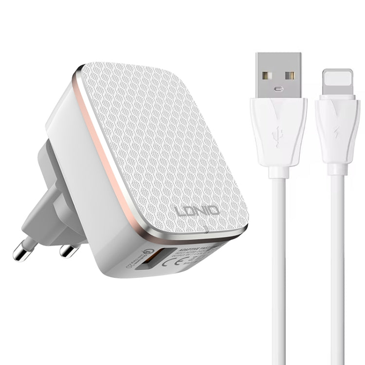 شاحن سريع LDNIO A1204Q QC3.0 بقوة 18 واط USB مع كابل USB بطول 1 متر إلى 8 بن، قابس الاتحاد الأوروبي، قابس المملكة المتحدة، قابس الولايات المتحدة
