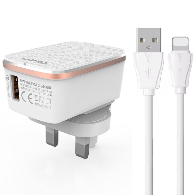 شاحن سريع LDNIO A1204Q QC3.0 بقوة 18 واط USB مع كابل USB بطول 1 متر إلى 8 بن، قابس الاتحاد الأوروبي، قابس المملكة المتحدة، قابس الولايات المتحدة