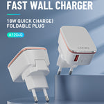 شاحن سريع LDNIO A1204Q QC3.0 بقوة 18 واط USB مع كابل USB بطول 1 متر إلى 8 بن، قابس الاتحاد الأوروبي، قابس المملكة المتحدة، قابس الولايات المتحدة