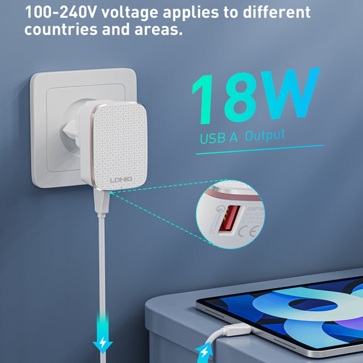 شاحن سريع LDNIO A1204Q QC3.0 بقوة 18 واط USB مع كابل USB بطول 1 متر إلى 8 بن، قابس الاتحاد الأوروبي، قابس المملكة المتحدة، قابس الولايات المتحدة