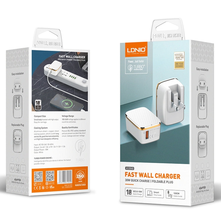 شاحن سريع LDNIO A1204Q QC3.0 بقوة 18 واط USB مع كابل USB بطول 1 متر إلى 8 بن، قابس الاتحاد الأوروبي، قابس المملكة المتحدة، قابس الولايات المتحدة