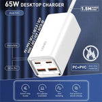 شاحن سريع LDNIO A4610C بقوة 65 واط PD بمنفذين USB-C / Type-C + منفذين USB، طول الكابل: 1.5 متر، قابس الاتحاد الأوروبي، A4610C (قابس المملكة المتحدة)، قابس الولايات المتحدة