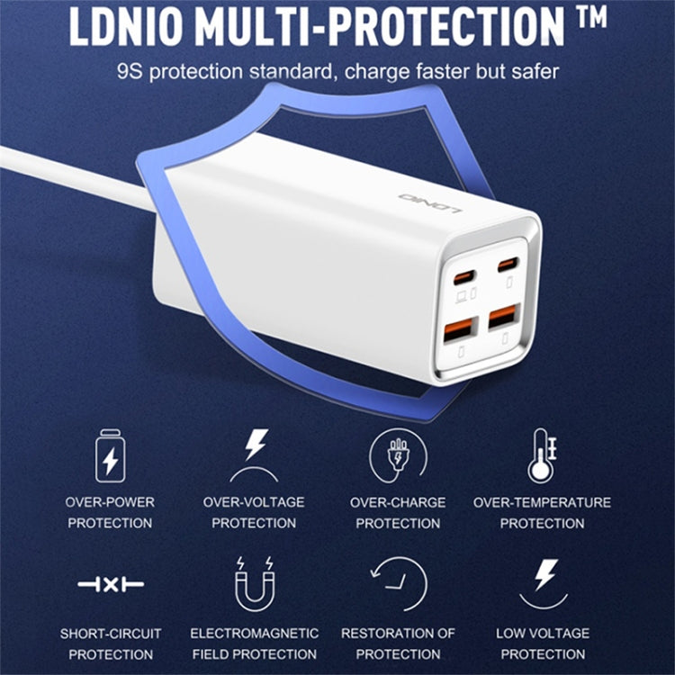 شاحن سريع LDNIO A4610C بقوة 65 واط PD بمنفذين USB-C / Type-C + منفذين USB، طول الكابل: 1.5 متر، قابس الاتحاد الأوروبي، A4610C (قابس المملكة المتحدة)، قابس الولايات المتحدة