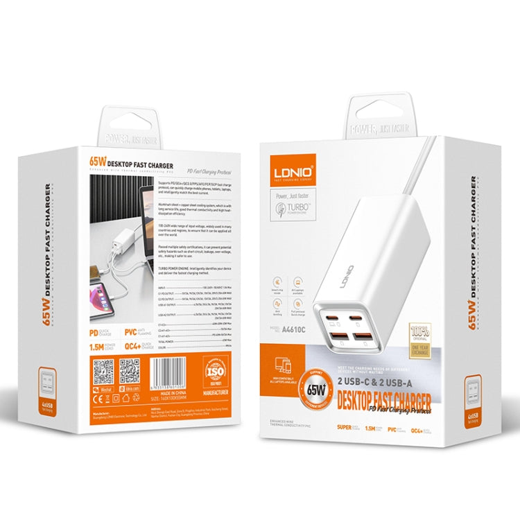 شاحن سريع LDNIO A4610C بقوة 65 واط PD بمنفذين USB-C / Type-C + منفذين USB، طول الكابل: 1.5 متر، قابس الاتحاد الأوروبي، A4610C (قابس المملكة المتحدة)، قابس الولايات المتحدة