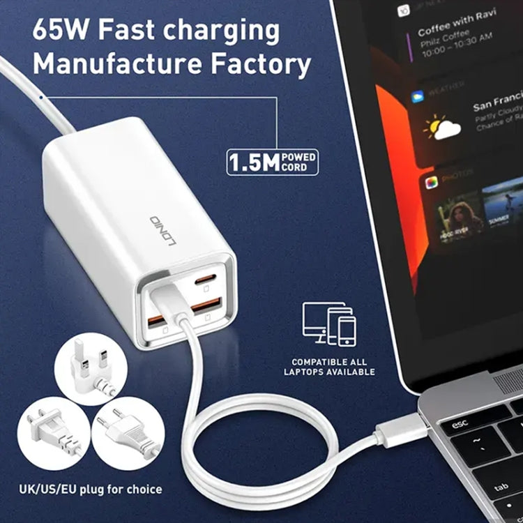 شاحن سريع LDNIO A4610C بقوة 65 واط PD بمنفذين USB-C / Type-C + منفذين USB، طول الكابل: 1.5 متر، قابس الاتحاد الأوروبي، A4610C (قابس المملكة المتحدة)، قابس الولايات المتحدة
