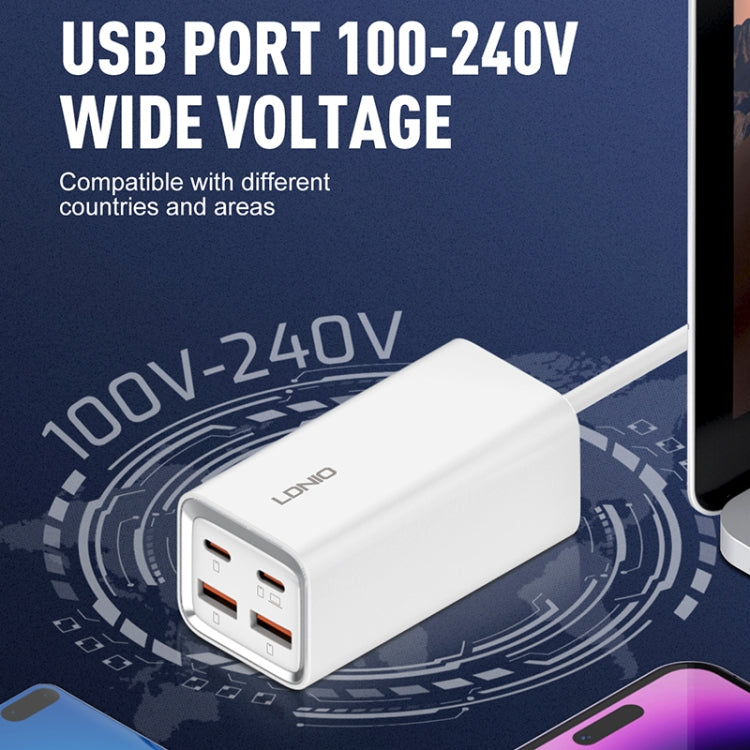 شاحن سريع LDNIO A4610C بقوة 65 واط PD بمنفذين USB-C / Type-C + منفذين USB، طول الكابل: 1.5 متر، قابس الاتحاد الأوروبي، A4610C (قابس المملكة المتحدة)، قابس الولايات المتحدة