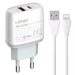 شاحن سريع LDNIO Q229 QC3.0 / PD20W USB + Type-C مع كابل USB بطول 1 متر إلى 8 بن، قابس الاتحاد الأوروبي، قابس المملكة المتحدة، قابس الولايات المتحدة