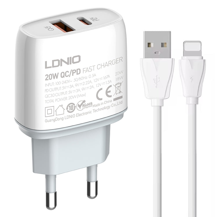 شاحن سريع LDNIO Q229 QC3.0 / PD20W USB + Type-C مع كابل USB بطول 1 متر إلى 8 بن، قابس الاتحاد الأوروبي، قابس المملكة المتحدة، قابس الولايات المتحدة