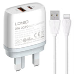 شاحن سريع LDNIO Q229 QC3.0 / PD20W USB + Type-C مع كابل USB بطول 1 متر إلى 8 بن، قابس الاتحاد الأوروبي، قابس المملكة المتحدة، قابس الولايات المتحدة