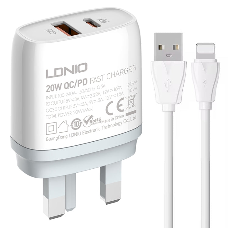 شاحن سريع LDNIO Q229 QC3.0 / PD20W USB + Type-C مع كابل USB بطول 1 متر إلى 8 بن، قابس الاتحاد الأوروبي، قابس المملكة المتحدة، قابس الولايات المتحدة