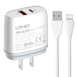 شاحن سريع LDNIO Q229 QC3.0 / PD20W USB + Type-C مع كابل USB بطول 1 متر إلى 8 بن، قابس الاتحاد الأوروبي، قابس المملكة المتحدة، قابس الولايات المتحدة