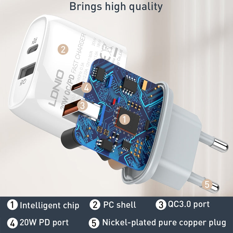 شاحن سريع LDNIO Q229 QC3.0 / PD20W USB + Type-C مع كابل USB بطول 1 متر إلى 8 بن، قابس الاتحاد الأوروبي، قابس المملكة المتحدة، قابس الولايات المتحدة