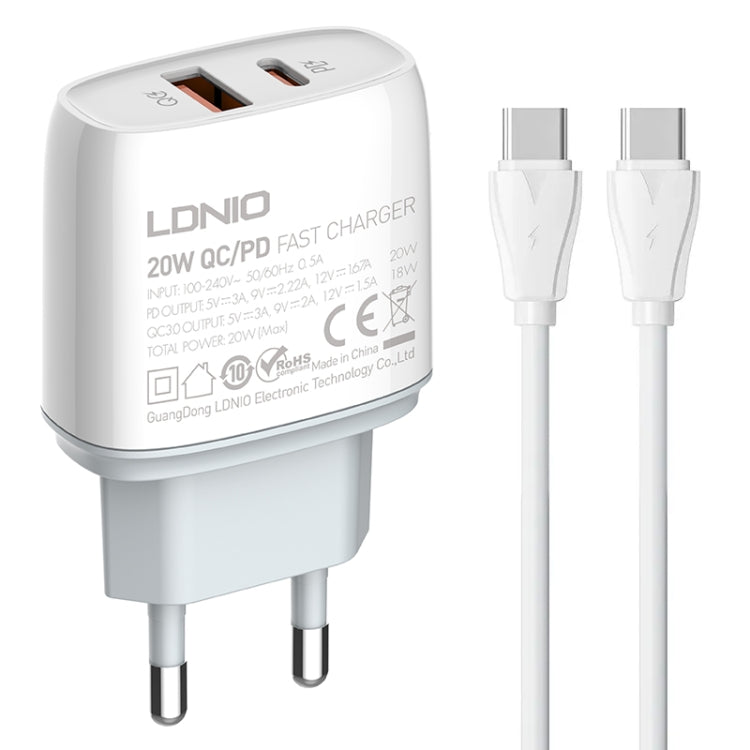 شاحن سريع LDNIO Q229 QC3.0 / PD20W USB + Type-C مع كابل Type-C إلى Type-C بطول 1 متر، قابس الاتحاد الأوروبي، قابس المملكة المتحدة، قابس الولايات المتحدة