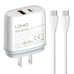 شاحن سريع LDNIO Q229 QC3.0 / PD20W USB + Type-C مع كابل Type-C إلى Type-C بطول 1 متر، قابس الاتحاد الأوروبي، قابس المملكة المتحدة، قابس الولايات المتحدة
