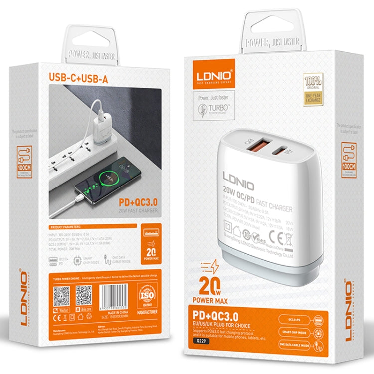 شاحن سريع LDNIO Q229 QC3.0 / PD20W USB + Type-C مع كابل Type-C إلى Type-C بطول 1 متر، قابس الاتحاد الأوروبي، قابس المملكة المتحدة، قابس الولايات المتحدة