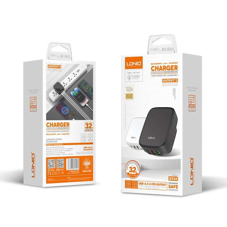 شاحن LDNIO Q334 بقوة 32 واط بمنفذ Type-C + منفذي USB مع كابل بيانات Micro USB بطول 1 متر، قابس الاتحاد الأوروبي