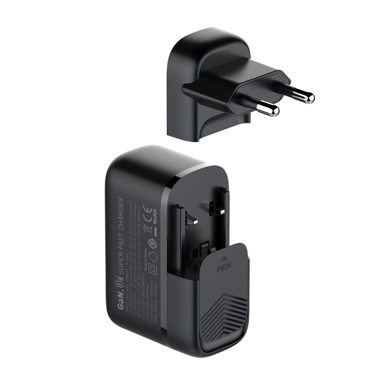 شاحن LDNIO Q366 بقوة 65 واط USB + منفذي Type-C مع كابل USB-C / Type-C إلى USB-C / Type-C بطول 1 متر، قابس الاتحاد الأوروبي، قابس المملكة المتحدة، قابس الولايات المتحدة