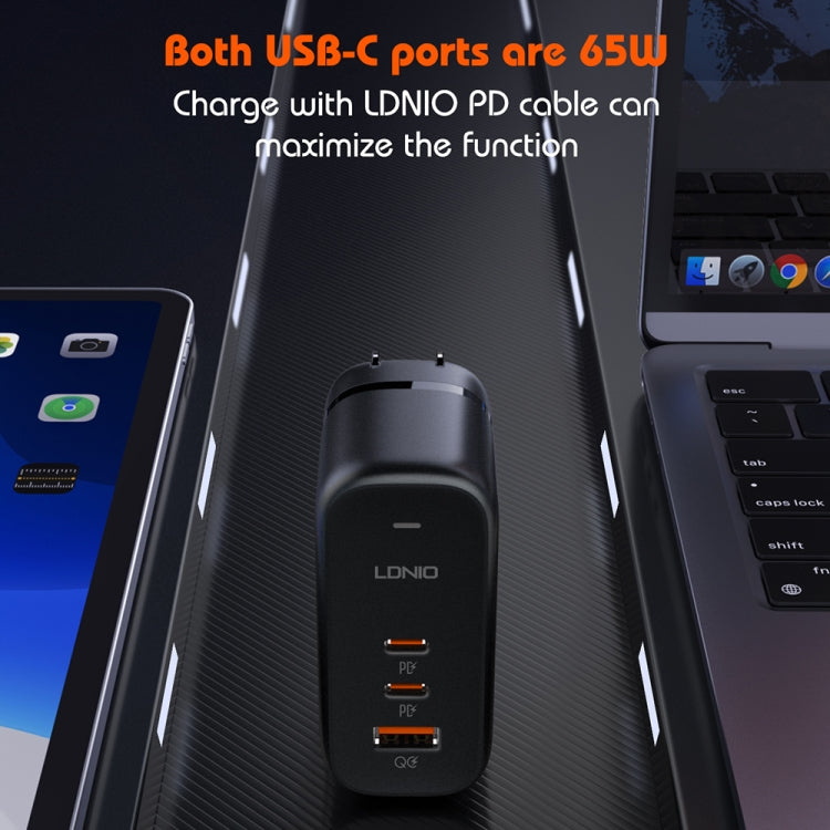 شاحن LDNIO Q366 بقوة 65 واط USB + منفذي Type-C مع كابل USB-C / Type-C إلى USB-C / Type-C بطول 1 متر، قابس الاتحاد الأوروبي، قابس المملكة المتحدة، قابس الولايات المتحدة