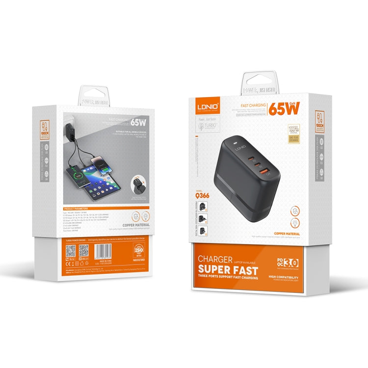 شاحن LDNIO Q366 بقوة 65 واط USB + منفذي Type-C مع كابل USB-C / Type-C إلى USB-C / Type-C بطول 1 متر، قابس الاتحاد الأوروبي، قابس المملكة المتحدة، قابس الولايات المتحدة