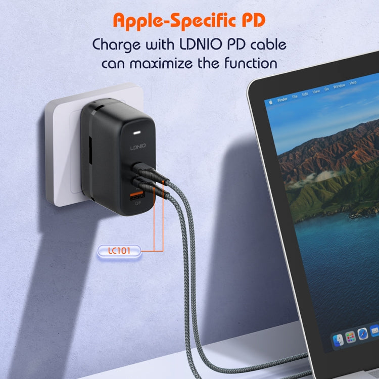 شاحن LDNIO Q366 بقوة 65 واط USB + منفذي Type-C مع كابل USB-C / Type-C إلى USB-C / Type-C بطول 1 متر، قابس الاتحاد الأوروبي، قابس المملكة المتحدة، قابس الولايات المتحدة