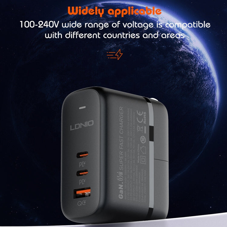 شاحن LDNIO Q366 بقوة 65 واط USB + منفذي Type-C مع كابل USB-C / Type-C إلى USB-C / Type-C بطول 1 متر، قابس الاتحاد الأوروبي، قابس المملكة المتحدة، قابس الولايات المتحدة