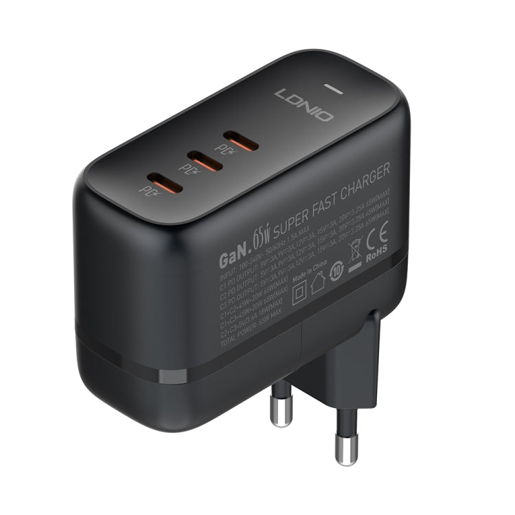 شاحن LDNIO Q367 بقوة 65 واط GaN بثلاثة منافذ USB-C / Type-C مع كابل USB-C / Type-C إلى USB-C / Type-C بطول 1 متر، قابس الاتحاد الأوروبي، قابس المملكة المتحدة، قابس الولايات المتحدة