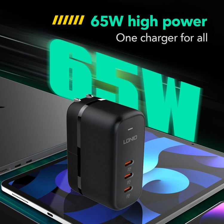 شاحن LDNIO Q367 بقوة 65 واط GaN بثلاثة منافذ USB-C / Type-C مع كابل USB-C / Type-C إلى USB-C / Type-C بطول 1 متر، قابس الاتحاد الأوروبي، قابس المملكة المتحدة، قابس الولايات المتحدة