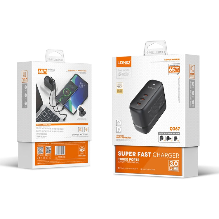 شاحن LDNIO Q367 بقوة 65 واط GaN بثلاثة منافذ USB-C / Type-C مع كابل USB-C / Type-C إلى USB-C / Type-C بطول 1 متر، قابس الاتحاد الأوروبي، قابس المملكة المتحدة، قابس الولايات المتحدة