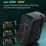 شاحن LDNIO Q367 بقوة 65 واط GaN بثلاثة منافذ USB-C / Type-C مع كابل USB-C / Type-C إلى USB-C / Type-C بطول 1 متر، قابس الاتحاد الأوروبي، قابس المملكة المتحدة، قابس الولايات المتحدة
