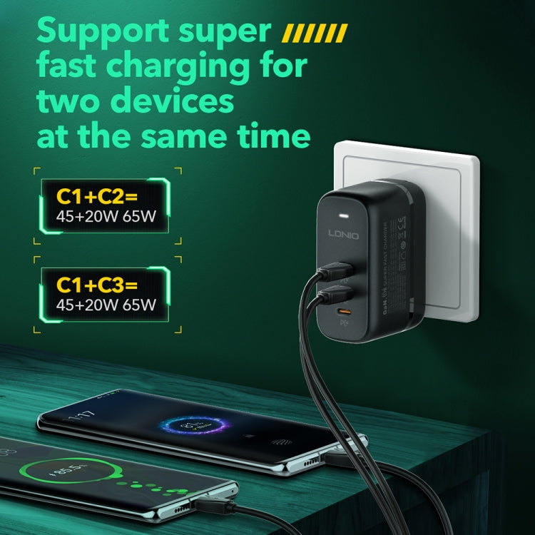 شاحن LDNIO Q367 بقوة 65 واط GaN بثلاثة منافذ USB-C / Type-C مع كابل USB-C / Type-C إلى USB-C / Type-C بطول 1 متر، قابس الاتحاد الأوروبي، قابس المملكة المتحدة، قابس الولايات المتحدة