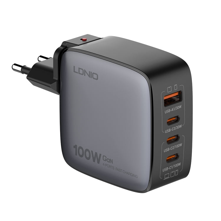 شاحن LDNIO Q408 100 واط GaN USB + 3 USB-C / Type-C مع كابل بيانات USB-C / Type-C بطول 1 متر بقوة 100 واط، قابس الاتحاد الأوروبي، قابس المملكة المتحدة، قابس الولايات المتحدة