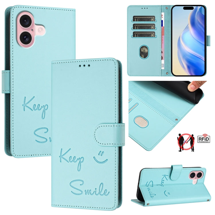 غطاء هاتف جلدي بنقش ابتسامة مع RFID، لـ iPhone 16، iPhone 15 Pro Max، iPhone 15 Pro، iPhone 15 Plus، iPhone 15، iPhone 14 Plus، iPhone 14 / 13، iPhone 14 Pro