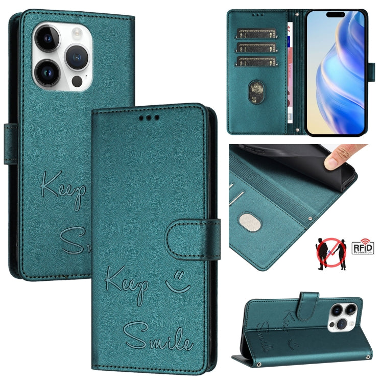 غطاء هاتف جلدي بنقش ابتسامة مع RFID، لـ iPhone 16، iPhone 15 Pro Max، iPhone 15 Pro، iPhone 15 Plus، iPhone 15، iPhone 14 Plus، iPhone 14 / 13، iPhone 14 Pro